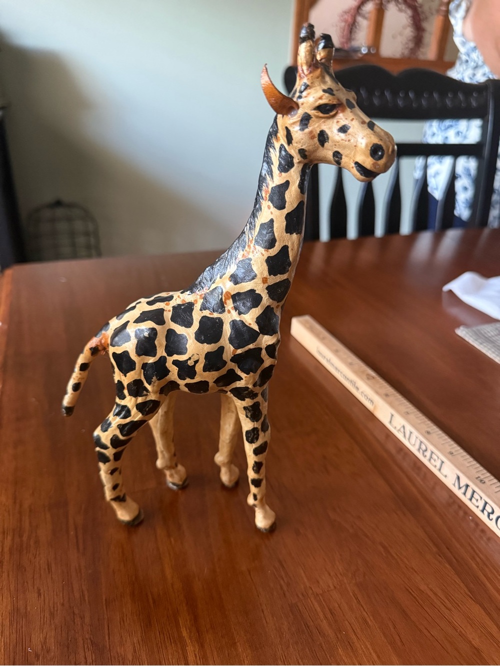 Hand-Painted Leather Wrapped Giraffe Figurine in Tan and Black